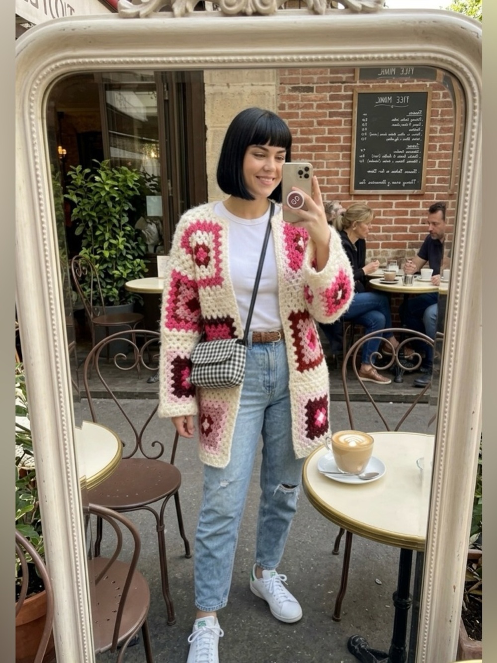 Handmade Crochet Granny Square Cardigan in Cream & Pink